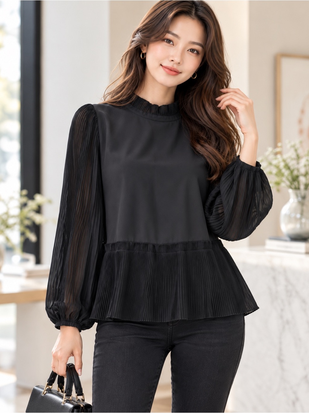 Nordstrom DR2 by Daniel Rainn Chiffon Pleated Blouse Black